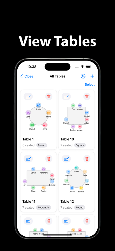 Interfaz de la aplicación Seat Maker que muestra una lista de mesas redondas y rectangulares con asientos de invitados para la planificación de eventos.