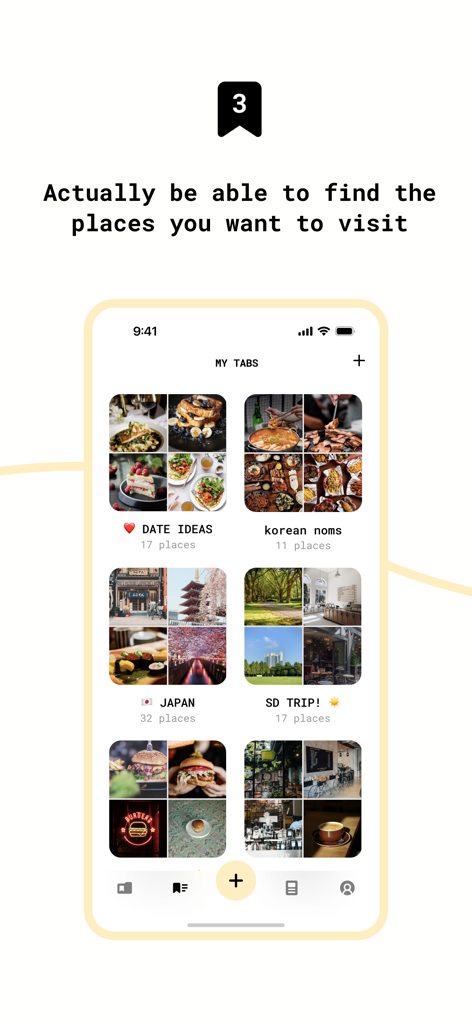 Interfaz de la aplicación móvil Tabi que muestra carpetas visuales para lugares de viajes y gastronomía guardados, organizados por categoría