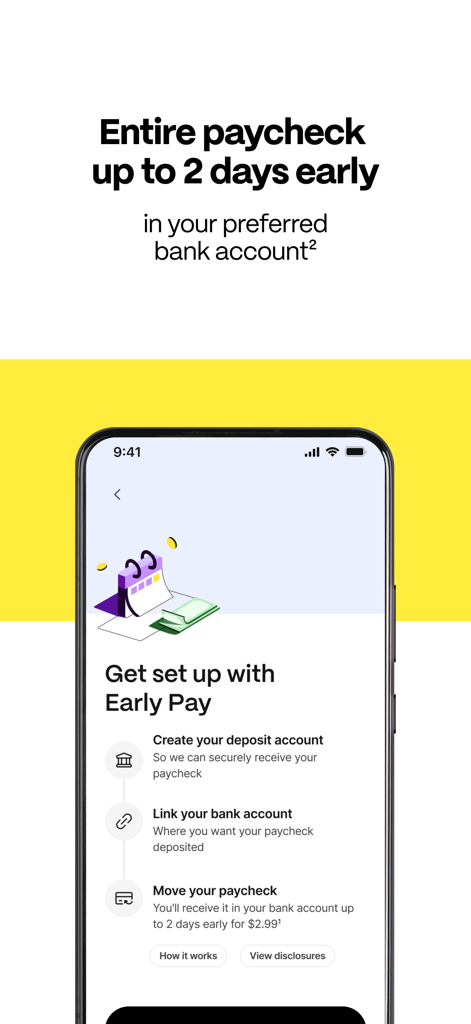 EarnIn app screen showing the steps to set up early pay and receive paychecks two days early
