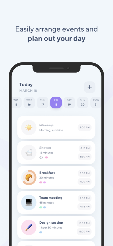 TimeBloc - Daily Planner - TimeBloc app screen displaying a daily timeline with color coded tasks and icons for routines and meetings