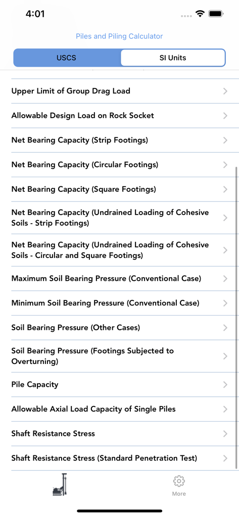 Interface of the Pile and Piling Calculator app showing a list of geotechnical engineering tools and unit selection