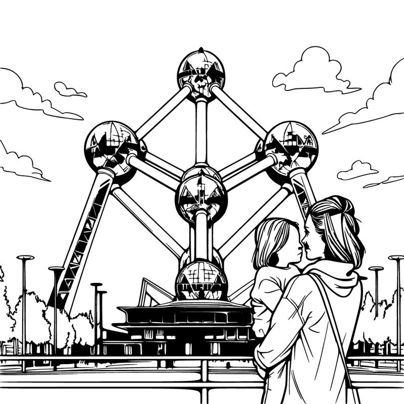 a women with her child in front of the atomium in belgium realistic