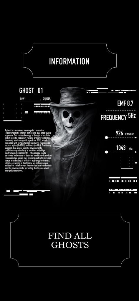 Ghost Detector Real Hunting - Interfaccia dell'app Ghost Detector che mostra il profilo di uno spirito scheletrico con letture simulate di EMF e frequenza.
