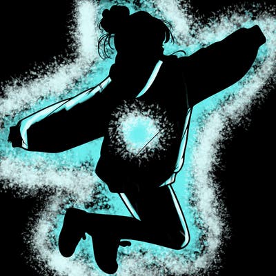 realistic girl jumping with a bun and oversized sweatshirt