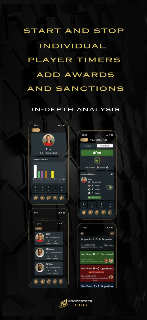 Soccerteer Pro - Pantallas de la aplicación Soccerteer Pro que muestran estadísticas de carrera del jugador, temporizadores de partidos en vivo y seguimiento del rendimiento para jugadores de fútbol juvenil.