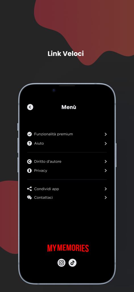 Settings and information menu of the My Memories app on an iPhone showing options for premium features and social links.