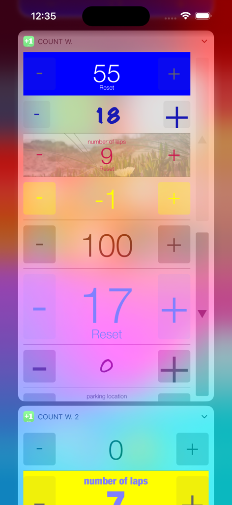 A variety of customized tally counter widgets on an iPhone Home Screen with plus and minus buttons