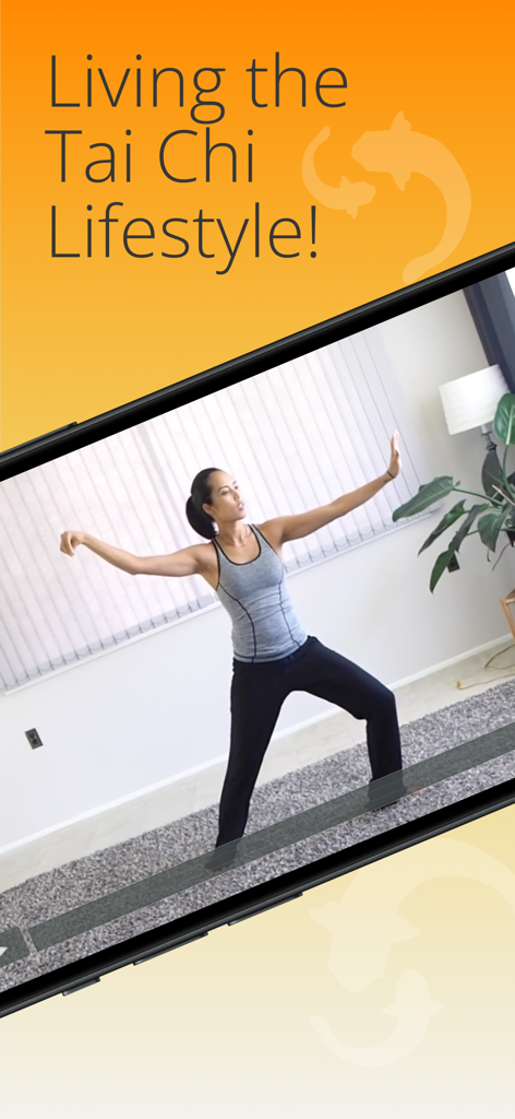 Mujer practicando Tai Chi en una lección de video en una aplicación móvil.