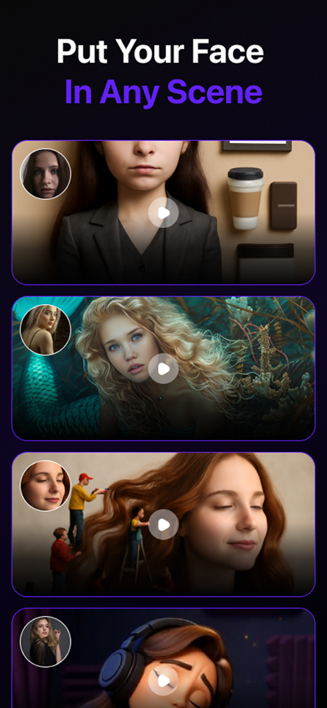 TrendY AI Video Maker - Dance - Cara de usuario intercambiada en varias escenas creativas de video generadas por IA