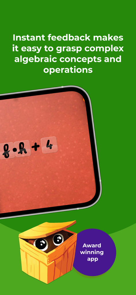 Una pantalla móvil que muestra una ecuación de álgebra con un mensaje sobre retroalimentación instantánea en la aplicación Kahoot Algebra 2.