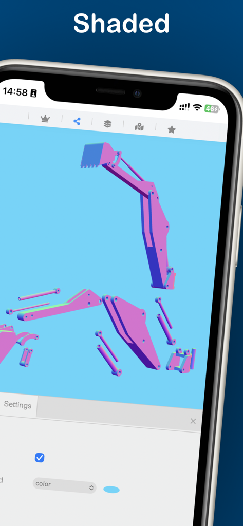 STEPファイルビューアiPhoneアプリで、シェーディングレンダリングモードで表示された掘削機アームの分解された3D CADモデル。