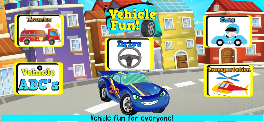 Things That Go! Vehicle Games - Main menu of the Things That Go Vehicle Games app featuring a blue cartoon race car and educational game categories like ABCs and Driving