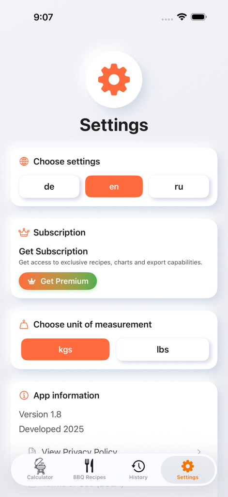 Settings screen of the BBQ Meat Recipes and Calculator app showing language options premium subscription and unit toggles for kilograms and pounds