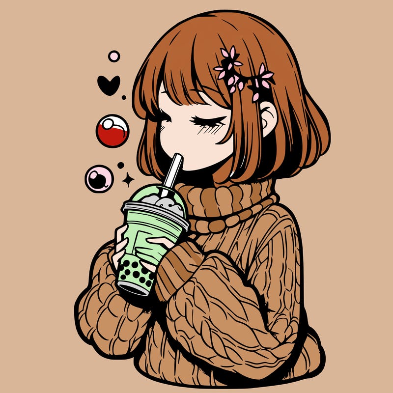 manga girl drinking boba in cozy sweater