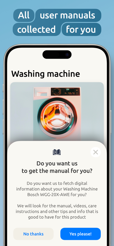 Homer: The Home Management App - Interfaccia dell'app Homer che offre di trovare automaticamente il manuale utente per una lavatrice.