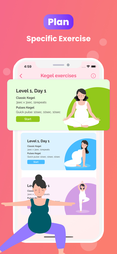 My Baby Heartbeat Monitor App - Una captura de pantalla de la Aplicación Mi Monitor de Latidos del Bebé que muestra rutinas específicas de ejercicios de Kegel y planes de fitness prenatal para mujeres embarazadas