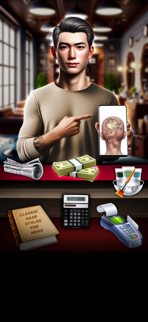 Hair Cuttery Barber Shop Games - プロのバーバーが、店の設定でスマートフォンの画面に描かれたドラゴンのヘアタトゥーのデザインを指差している。