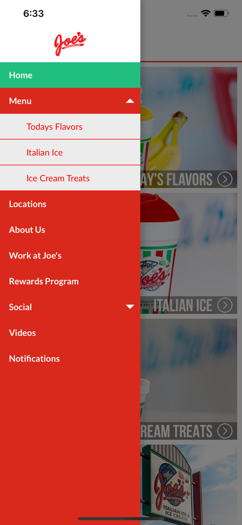 Joe's Ice - A side navigation menu of the Joe's Ice mobile app showing categories like Todays Flavors and Rewards Program