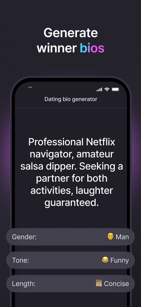 Rizz Mentor AI app interface showing a funny dating bio generator for men