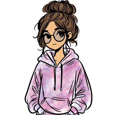 teen girl with a messy bun and glasses wearing a loose hoodie and jeans