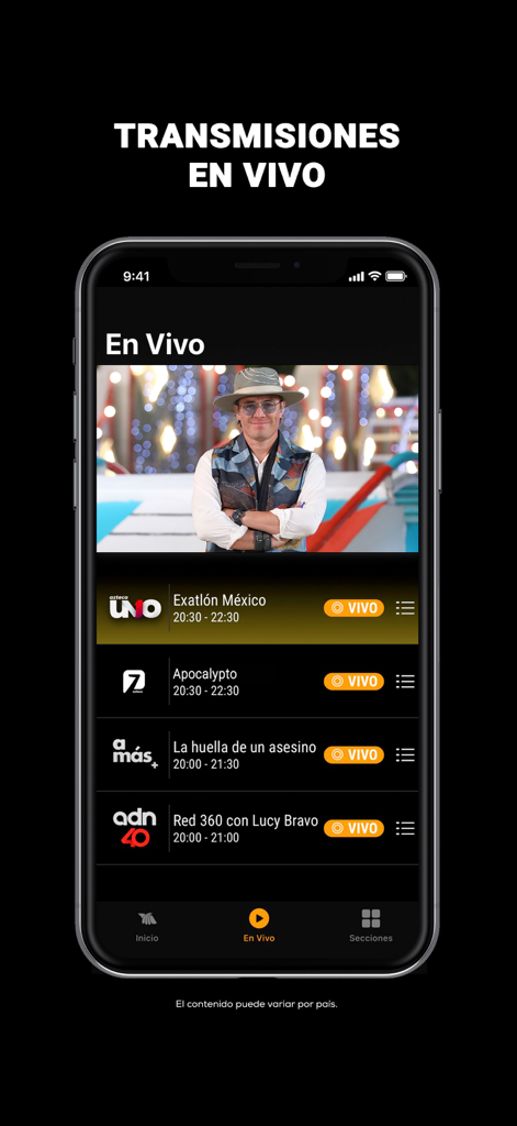 TV Azteca En Vivo - Um ecrã de smartphone exibindo a interface de transmissão ao vivo da app TV Azteca Ao Vivo com listas de programas de televisão mexicanos.