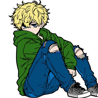 a male hoddie ripped jeans messy hair anime