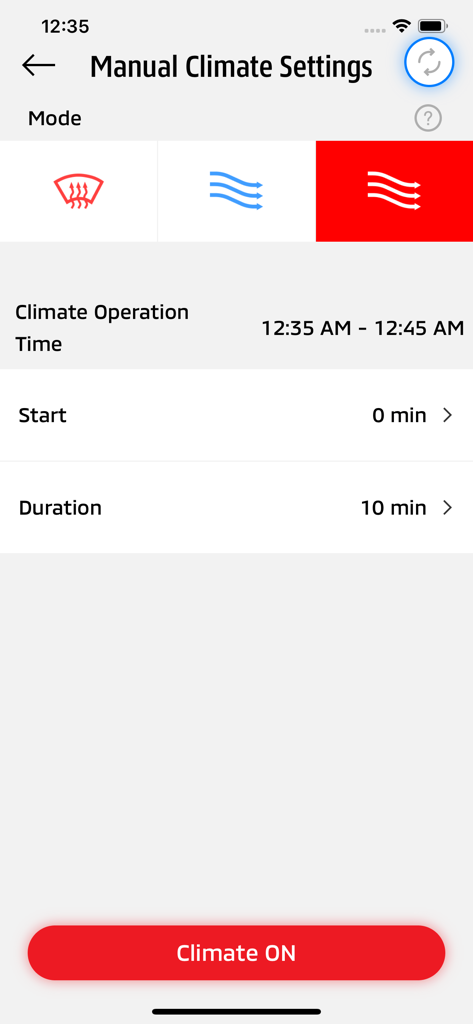 Manual climate control settings interface in the OUTLANDER PHEV Remote Ctrl mobile application