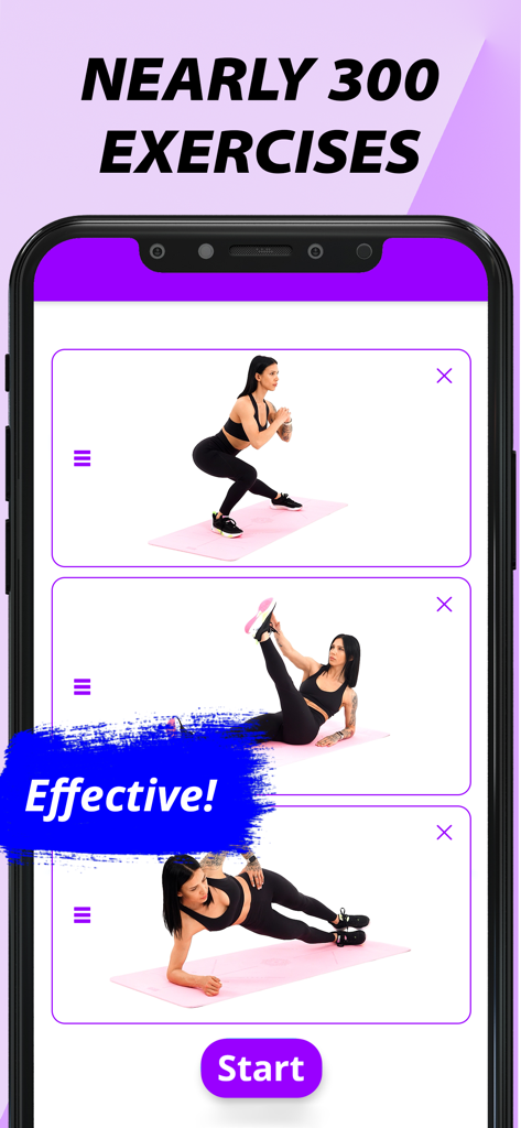 Home Workout-Fitness for Women - Smartphone screen showing various home fitness exercises for women with a start button