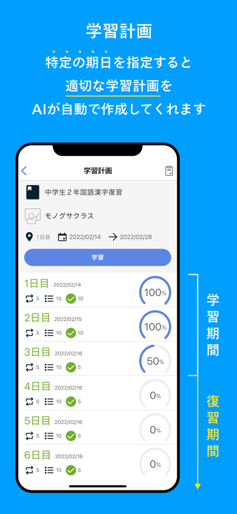 Monoxer - Aplicación Monoxer mostrando un plan de estudio diario generado por IA con círculos de progreso y estado de finalización de tareas.