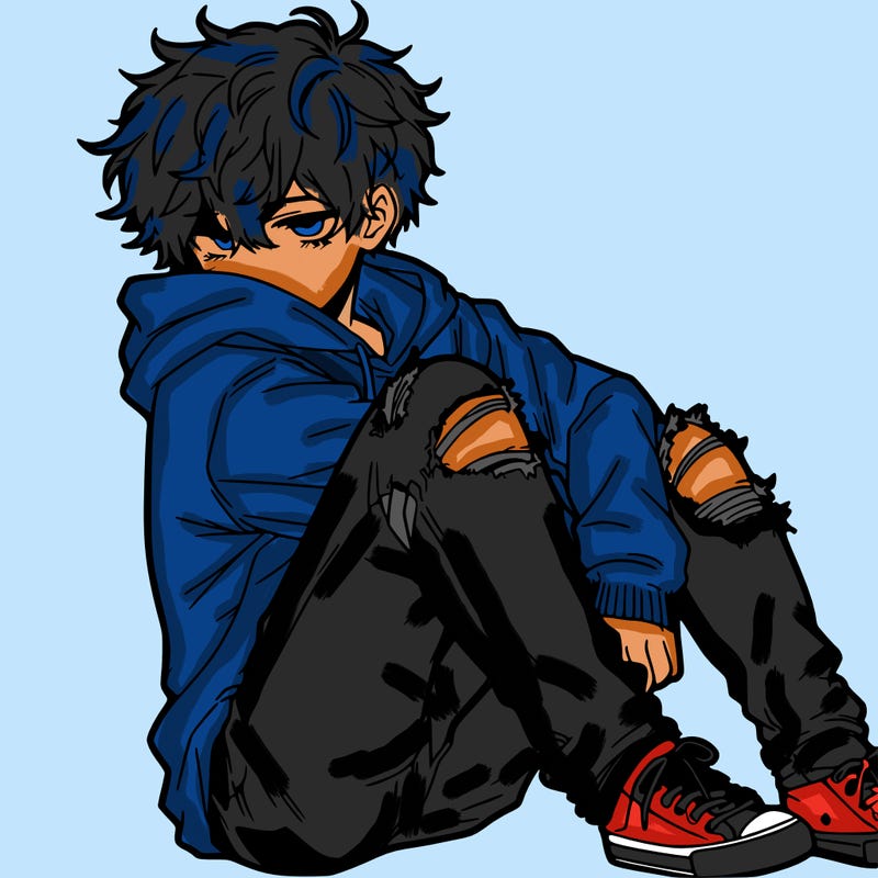a male hoddie ripped jeans messy hair anime