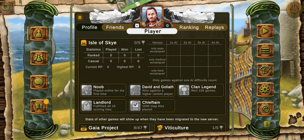 Isle of Skye - Player profile screen in the Isle of Skye app showing game statistics, versus AI records, and unlocked achievements.