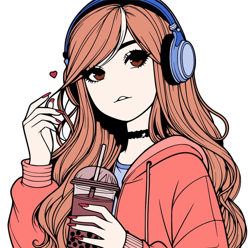 realistic teen girl with long hair and a nose wearing headphones drinking boba tea