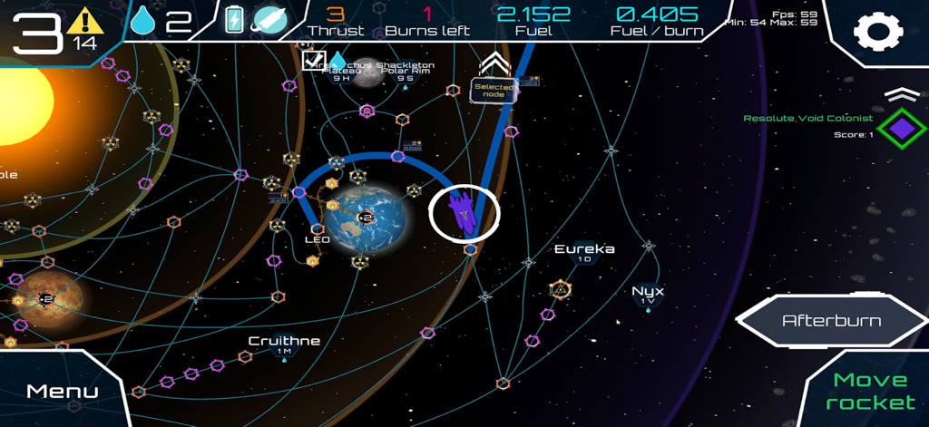 High Frontier 4 All - Gameplay of High Frontier 4 All showing a rocket ship navigating an interplanetary map with technical mission data
