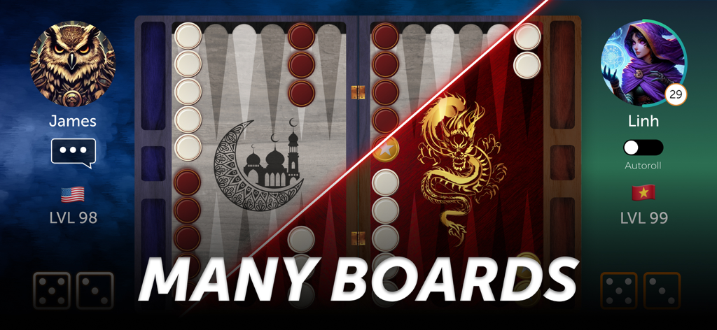 Backgammon Online: Dice Game - Two different backgammon board themes featuring a mosque and a golden dragon design side-by-side.