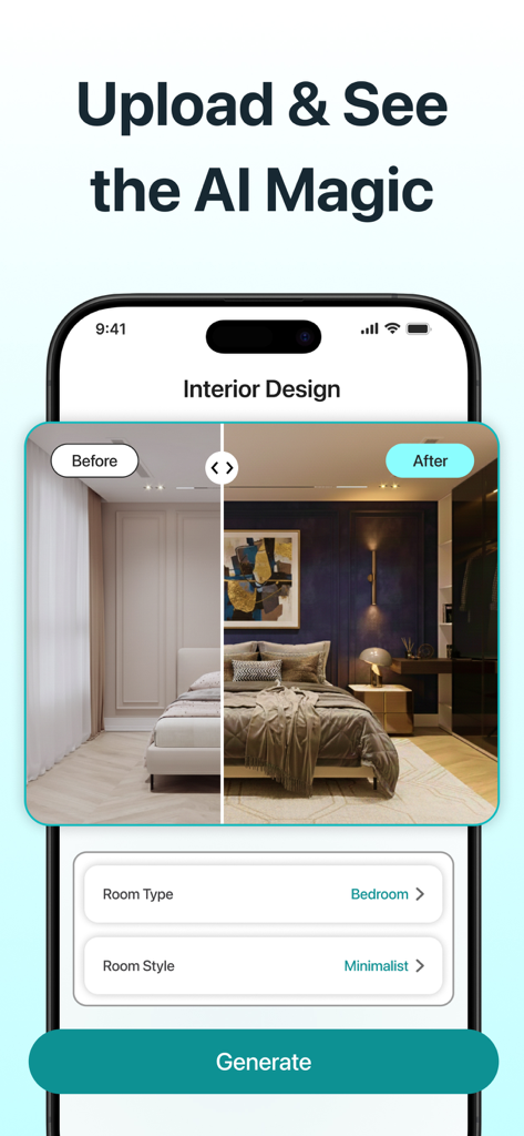 AI Home & Room Interior Design - KI-Innenarchitektur-App-Oberfläche zeigt eine Vorher-Nachher-Schlafzimmer-Transformation von schlicht zu modern-minimalistisch