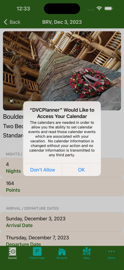 A calendar access request prompt displayed over a vacation summary in the DVC Planner app.
