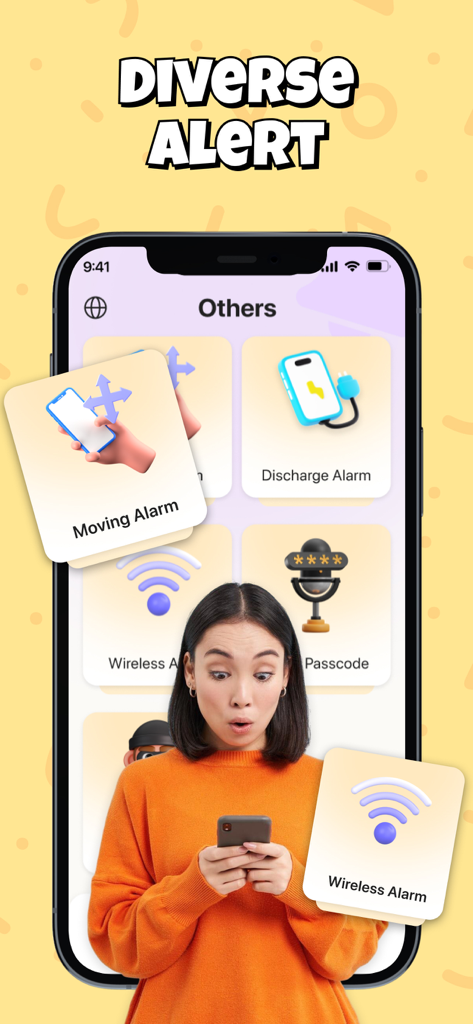 Find My Phone By Clap & Alarm - 移動アラームや放電アラームなどの多様なアラート機能を備えたスマートフォンを持っている女性の写真