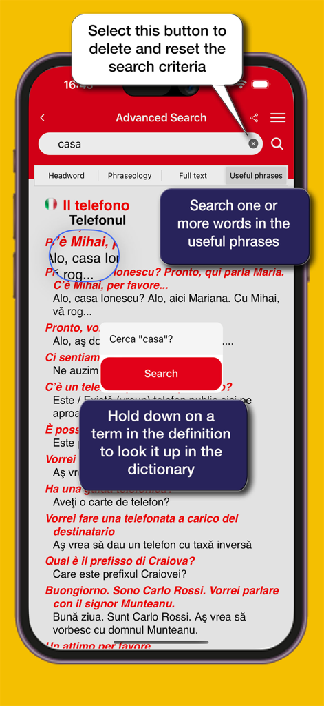 Hoepliルーマニア語辞書アプリの高度な検索インターフェースで、便利なフレーズと単語検索機能が表示されている様子