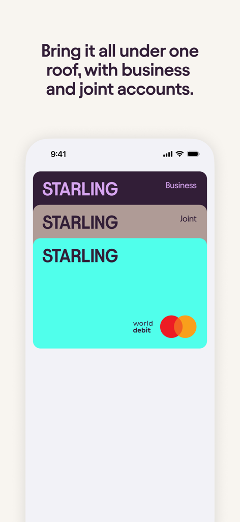 Starling Bank app interface showing stacked business joint and personal debit cards under one roof