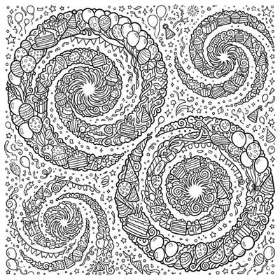 Unleash your creativity with this unique coloring page that merges the wonders of the cosmos with festive birthday celebrations. Explore intricate spiral galaxies formed by cakes, balloons, and party hats, offering a detailed and engaging artistic escape.