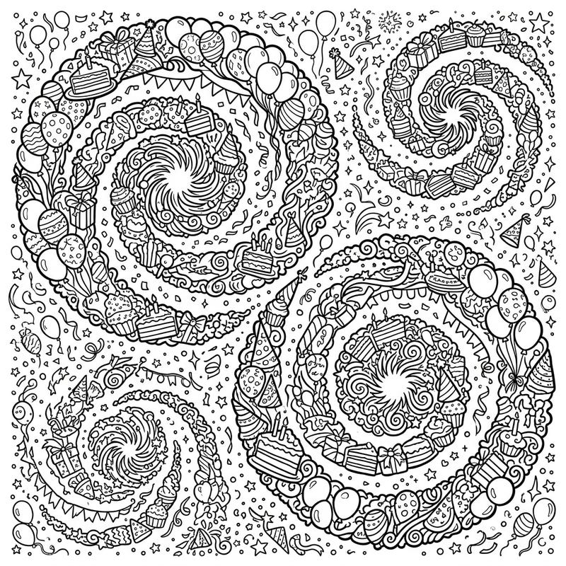 Unleash your creativity with this unique coloring page that merges the wonders of the cosmos with festive birthday celebrations. Explore intricate spiral galaxies formed by cakes, balloons, and party hats, offering a detailed and engaging artistic escape.