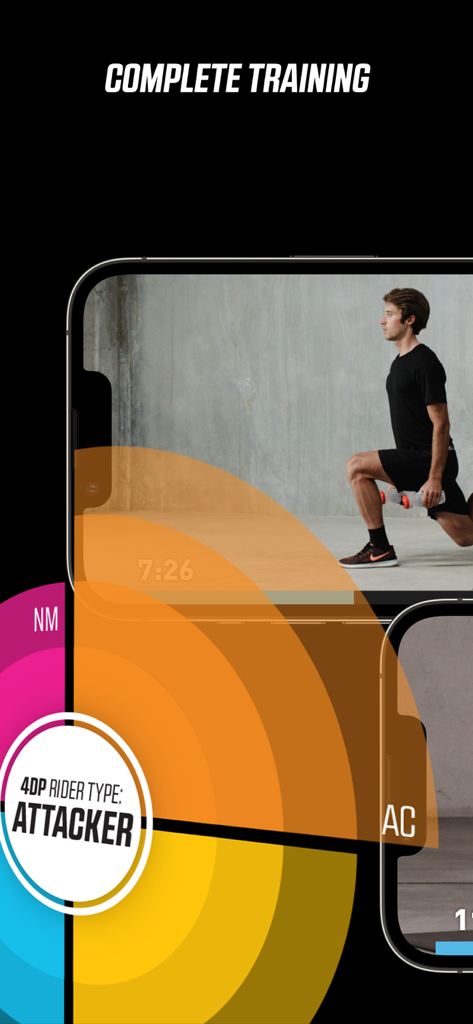 Wahoo SYSTM - Wahoo SYSTM app screen showing a strength training video and 4DP Attacker rider profile