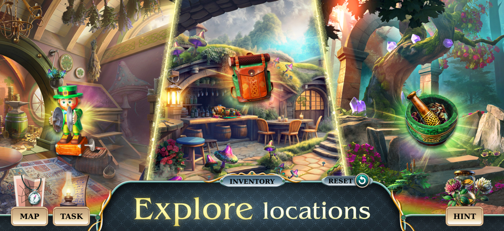 Lucky Season 2：Find the Object - A collage of magical fantasy environments and hidden object scenes in Lucky Season 2