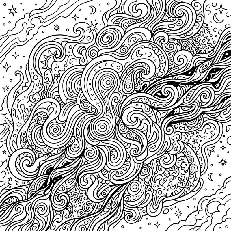 Explore the mesmerizing depths of the Lagoon Nebula through a unique psychedelic lens, featuring intricate swirling patterns and cosmic elements. This advanced coloring page promises hours of creative, meditative joy for artists of all levels.