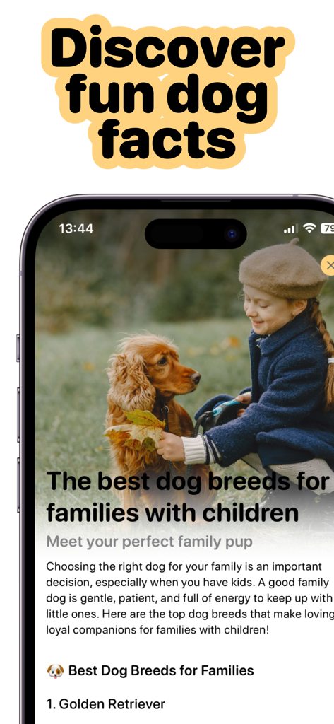 Dog scanner - Gos - Bildschirm der mobilen App mit lehrreichen Fakten über die besten Hunderassen für Familien mit Kindern