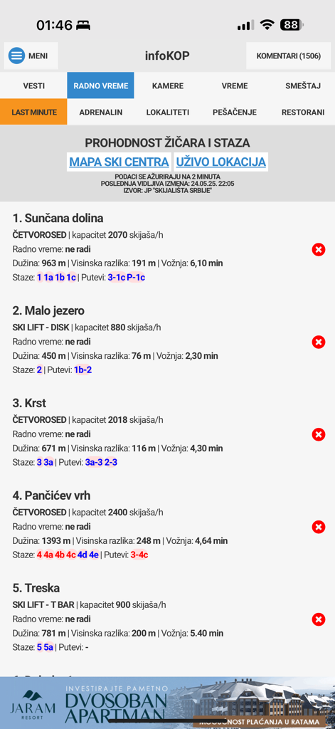 infoKOP - Bildschirm einer mobilen App, der den Betriebsstatus und die technischen Details verschiedener Skilifte im Kopaonik-Resort anzeigt.