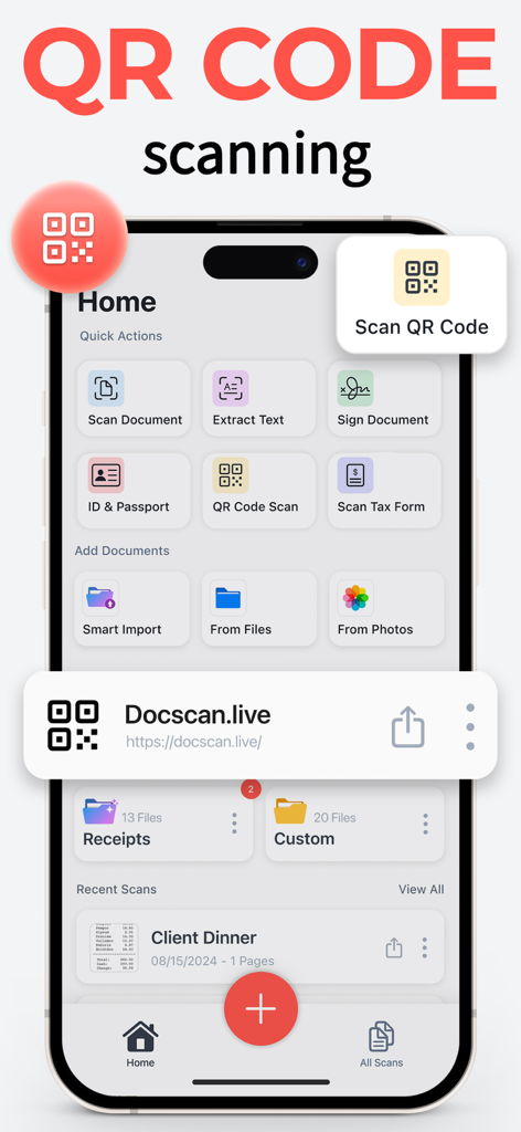 DocScan – PDF Document Scanner - iPhone interface of the DocScan app showcasing the built in QR code reader and scanning tools