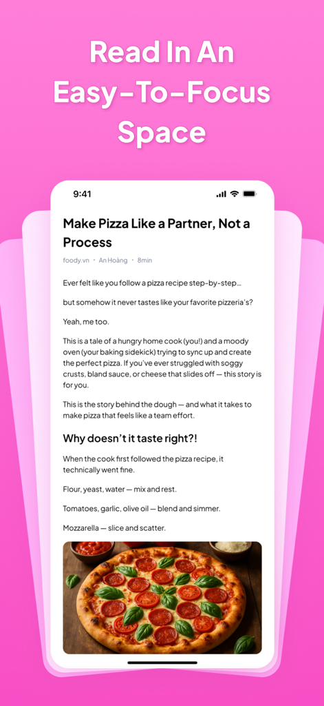 ReadLater: GoodLinks Pro - Interfaz de lectura de artículos limpia y enfocada en la aplicación móvil ReadLater GoodLinks Pro, mostrando una vista sin distracciones de un artículo sobre comida