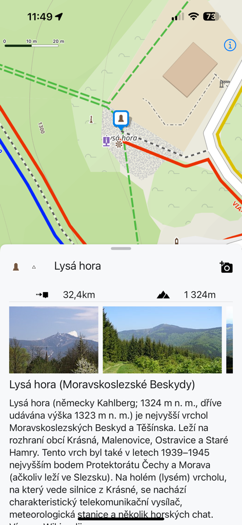 Aplicación Locus Map Lite mostrando un mapa de senderismo e información detallada del pico de la montaña Lysa hora, incluyendo fotos y descripción de Wikipedia.