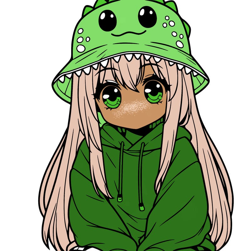girl with anime shaped eyes with a dinosaur bucket hat oversized sweatshirt long straight hair
